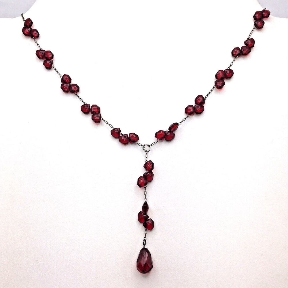 Faux Acrylic Garnet Faceted Triangle Bead Silver Tone Chain Y Drop Necklace 1928